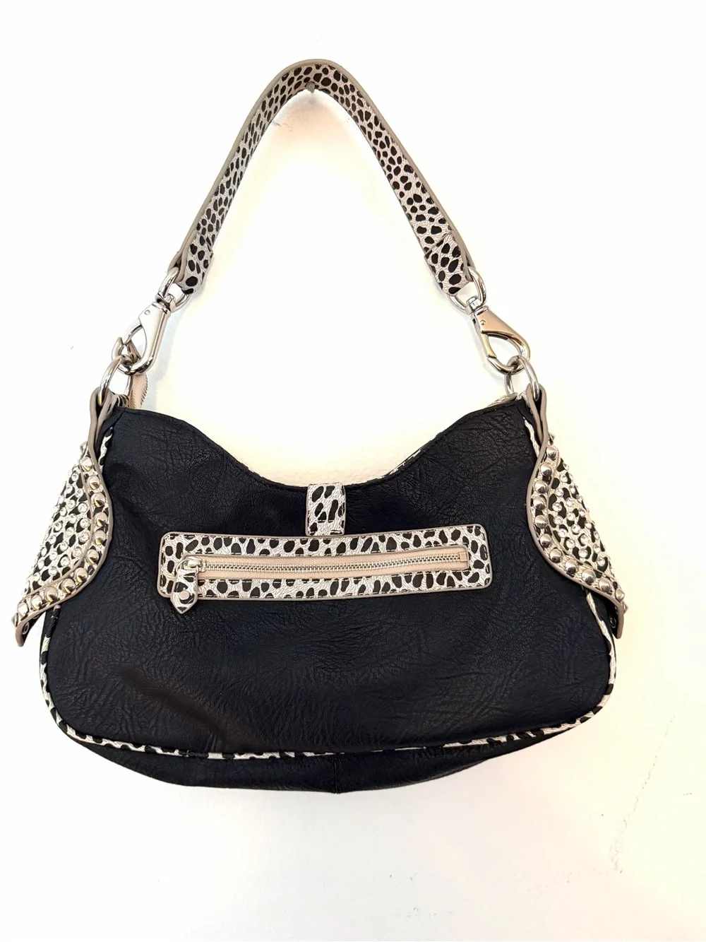 Vintage Hobo Purse Shoulder Bag Silver Studs Bling Snake Cheetah Black White Y2K